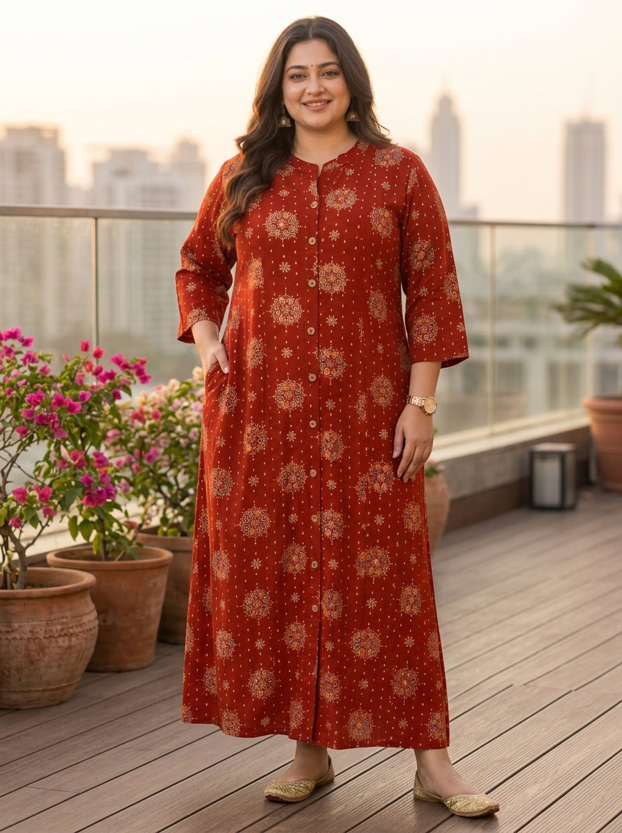 Plus Size Rust Rayon Golden Print Aline Kurta-410083