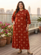 Plus Size Rust Rayon Golden Print Aline Kurta-410083