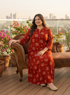 Plus Size Rust Rayon Golden Print Aline Kurta-410083