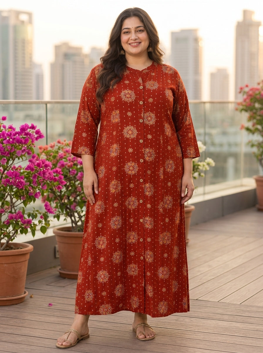 Plus Size Rust Rayon Golden Print Aline Kurta-410083