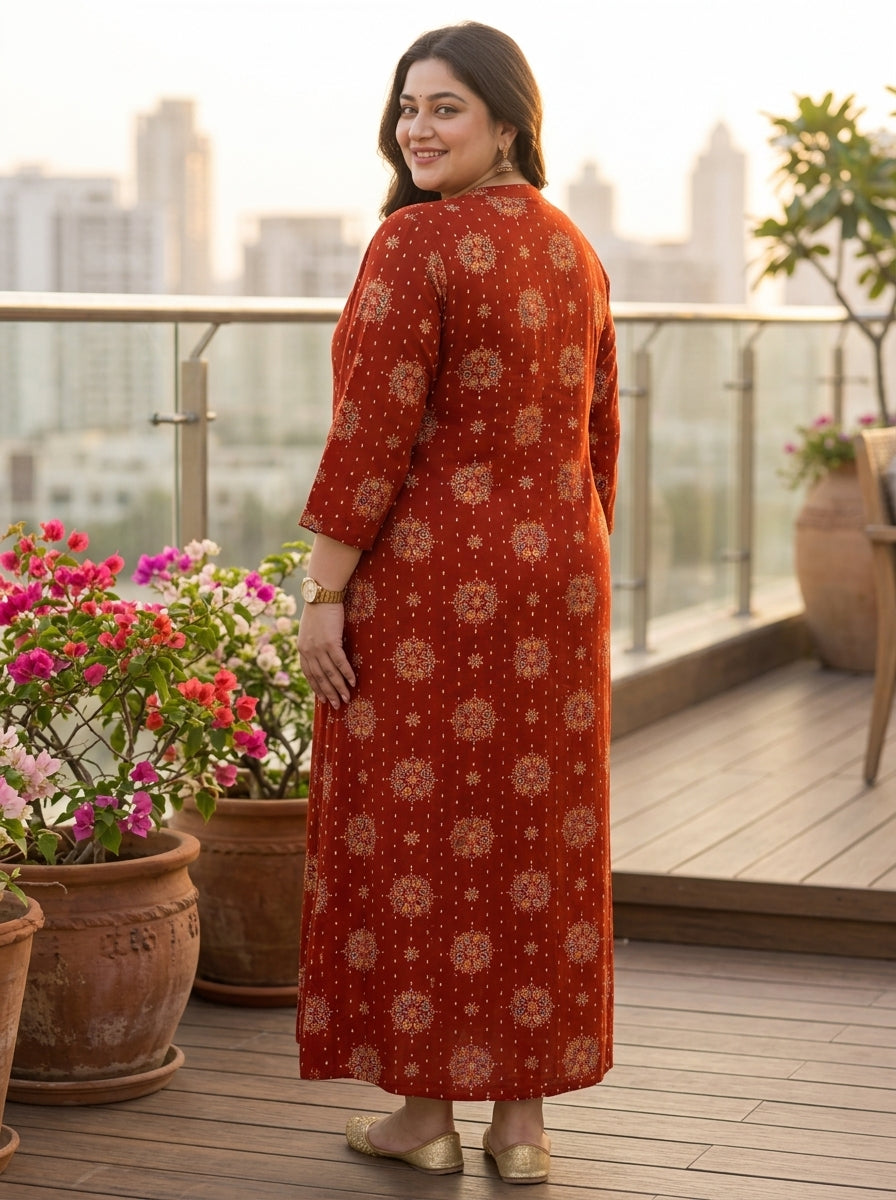Plus Size Rust Rayon Golden Print Aline Kurta-410083