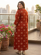 Plus Size Rust Rayon Golden Print Aline Kurta-410083