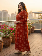 Plus Size Rust Rayon Golden Print Aline Kurta-410083
