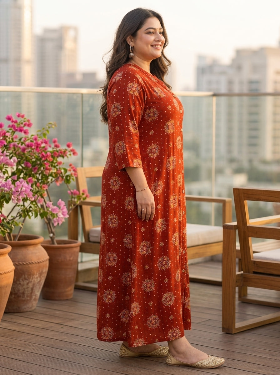 Plus Size Rust Rayon Golden Print Aline Kurta-410083
