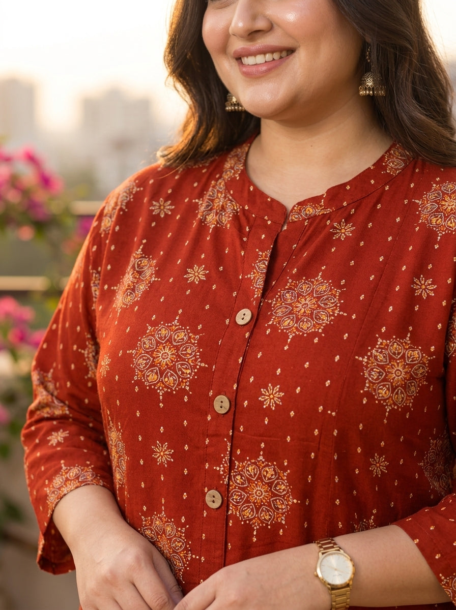 Plus Size Rust Rayon Golden Print Aline Kurta-410083
