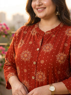 Plus Size Rust Rayon Golden Print Aline Kurta-410083