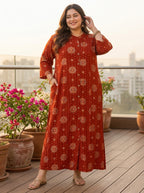 Plus Size Rust Rayon Golden Print Aline Kurta-410083