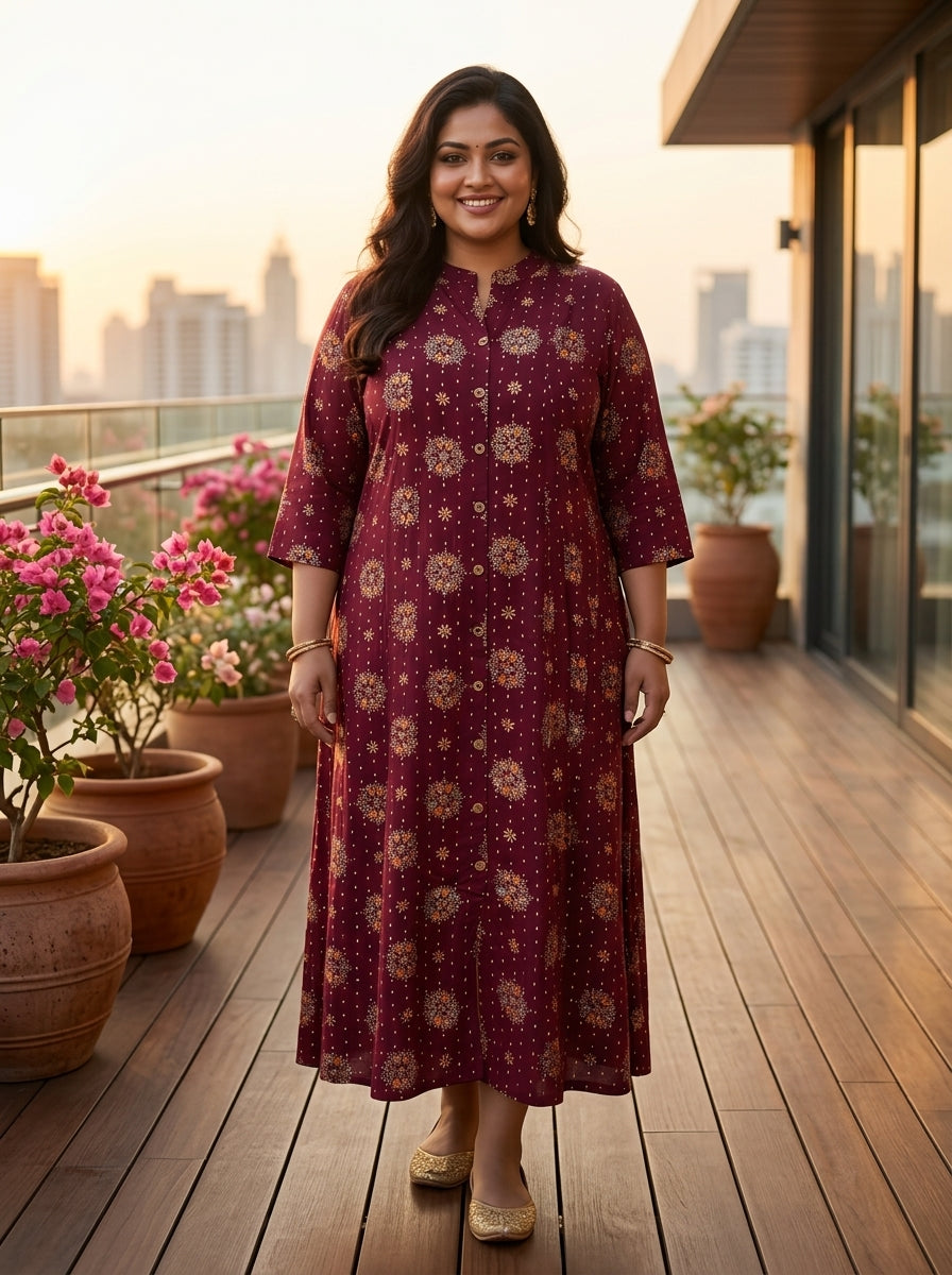 Purple Rayon Golden Print Aline Kurta Plus Size-410084