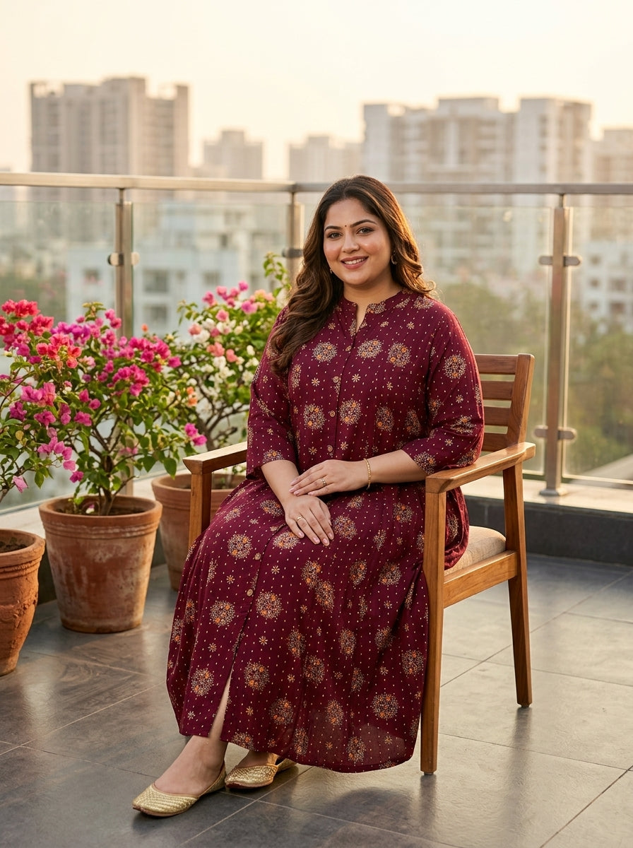 Purple Rayon Golden Print Aline Kurta Plus Size-410084