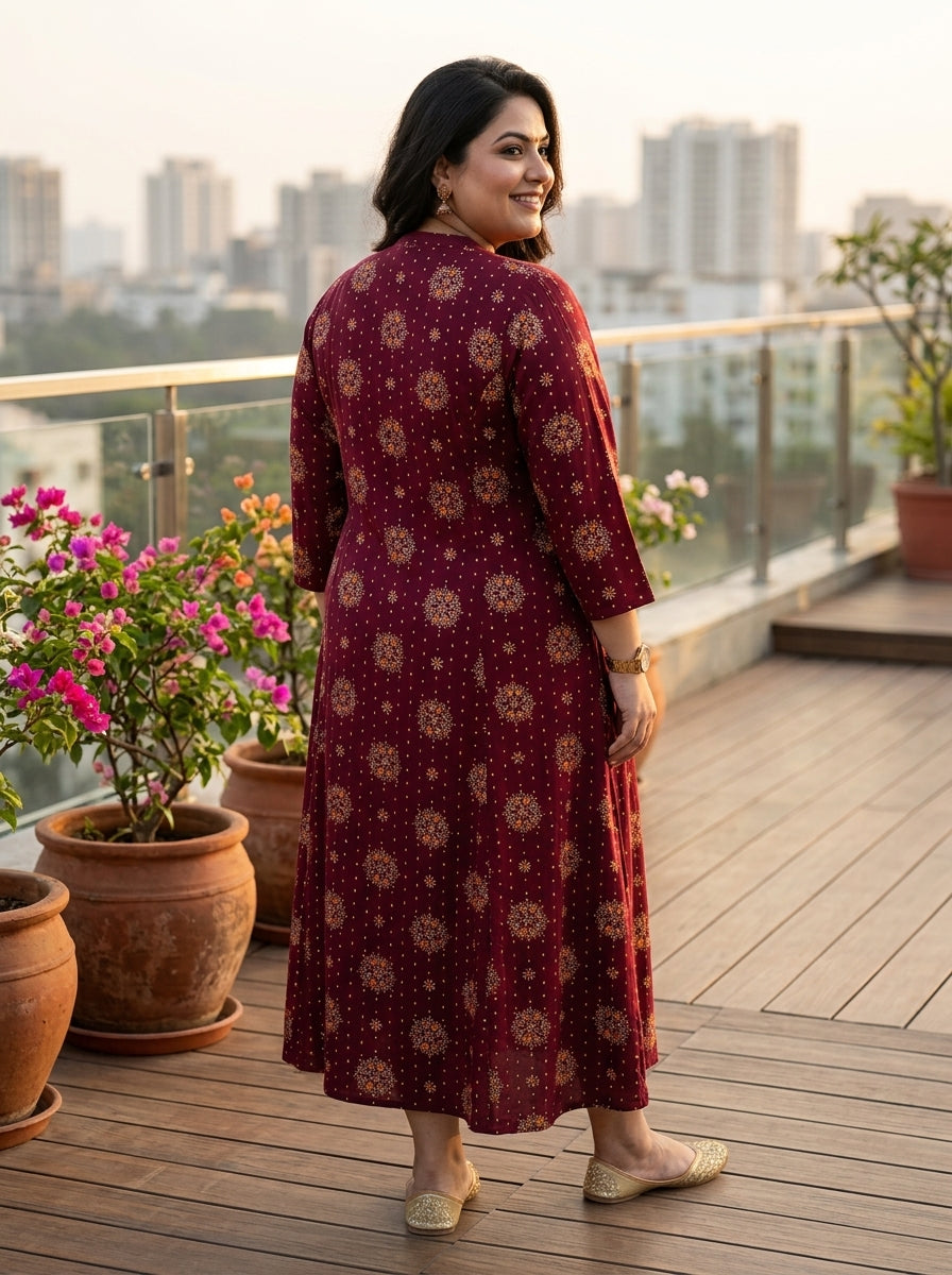 Purple Rayon Golden Print Aline Kurta Plus Size-410084