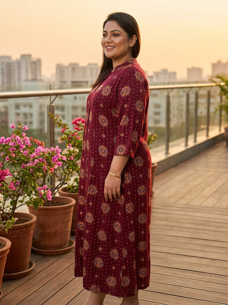 Purple Rayon Golden Print Aline Kurta Plus Size-410084