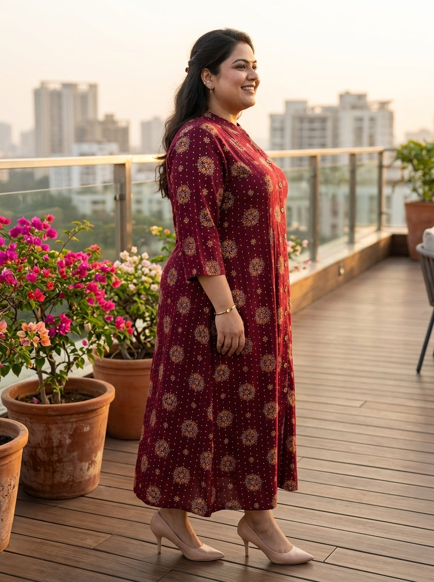 Purple Rayon Golden Print Aline Kurta Plus Size-410084