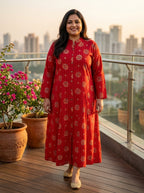 Red Rayon Golden Print Aline Kurta Plus Size-410085