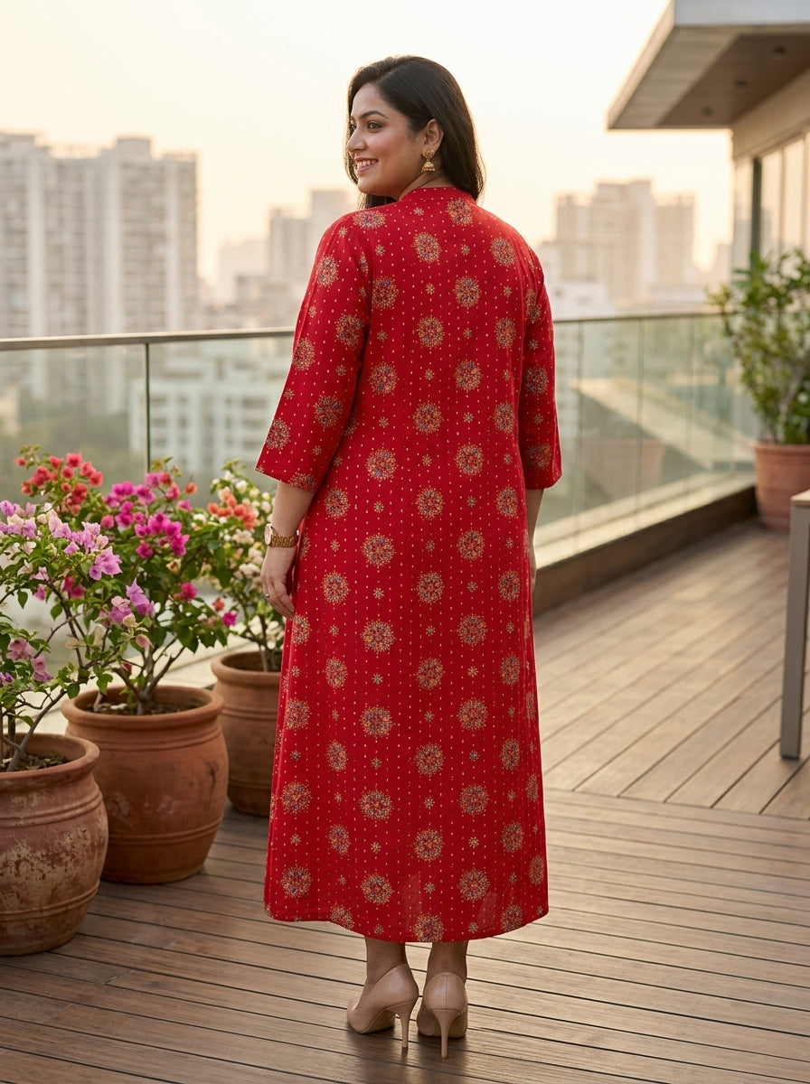 Red Rayon Golden Print Aline Kurta Plus Size-410085