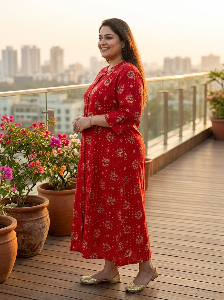 Red Rayon Golden Print Aline Kurta Plus Size-410085