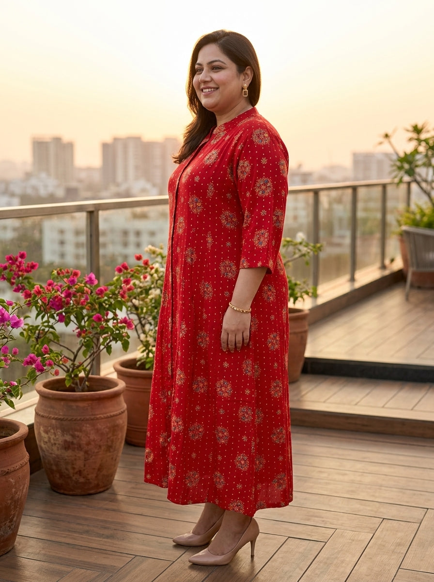Red Rayon Golden Print Aline Kurta Plus Size-410085
