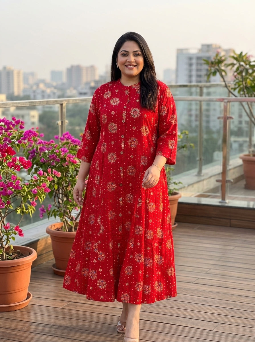 Red Rayon Golden Print Aline Kurta Plus Size-410085