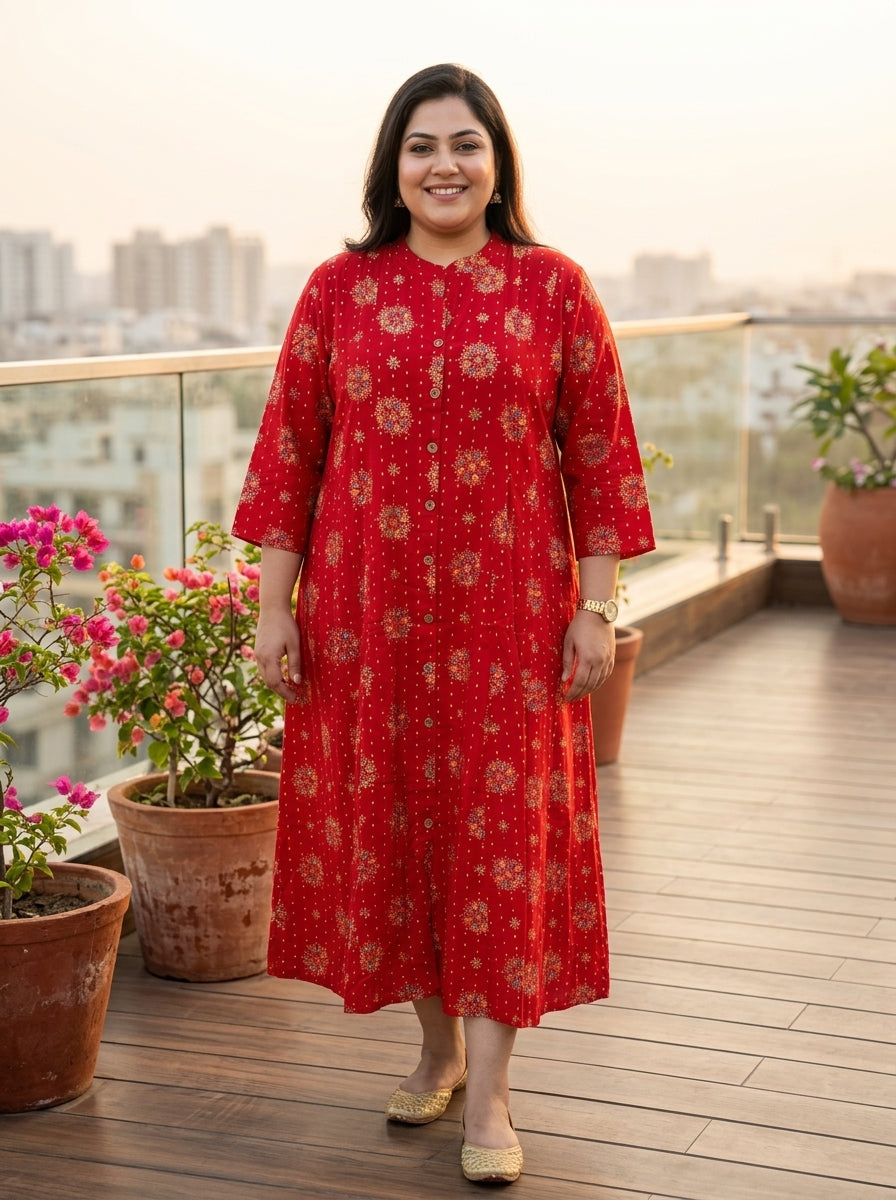 Red Rayon Golden Print Aline Kurta Plus Size-410085