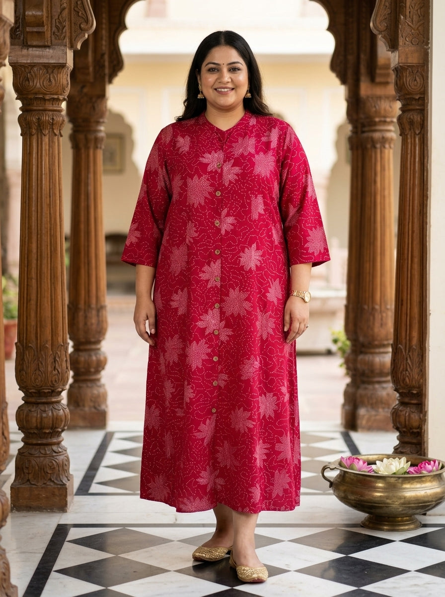 Plus Size Pink Rayon Golden Print Aline Kurta-410086