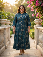 Plus Size Dark Blue Rayon Golden Print Aline Kurta-410087