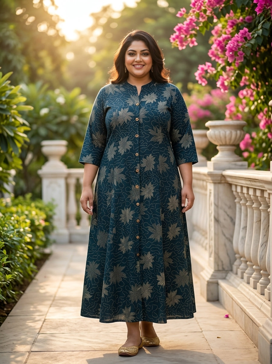 Plus Size Dark Blue Rayon Golden Print Aline Kurta-410087
