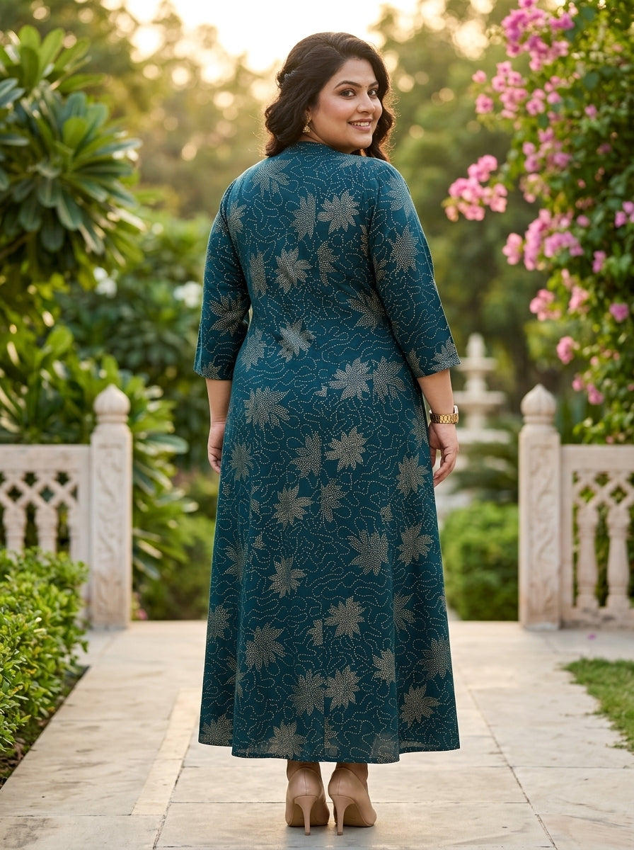 Plus Size Dark Blue Rayon Golden Print Aline Kurta-410087