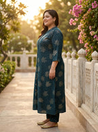 Plus Size Dark Blue Rayon Golden Print Aline Kurta-410087