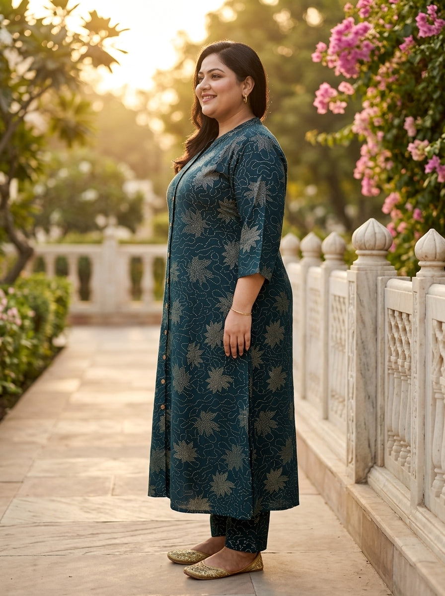 Plus Size Dark Blue Rayon Golden Print Aline Kurta-410087