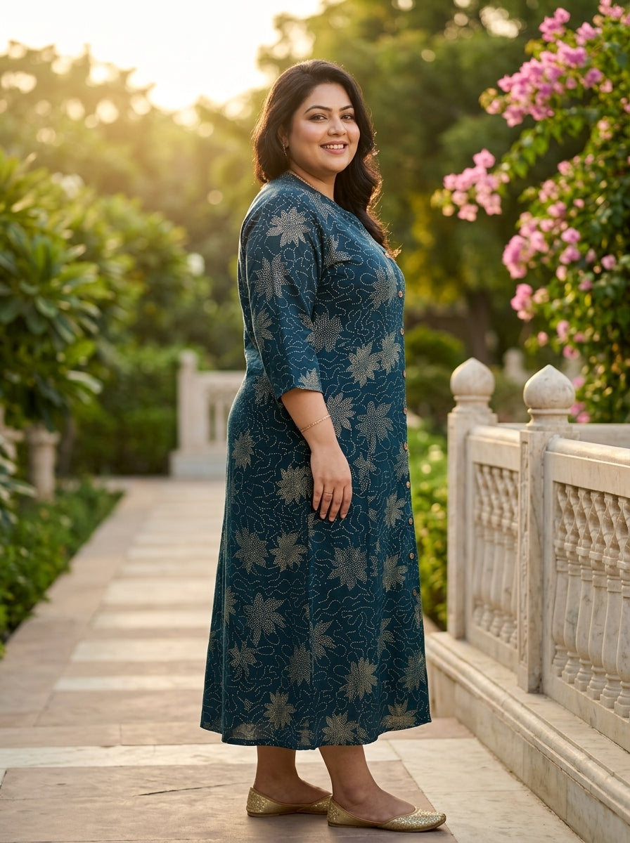 Plus Size Dark Blue Rayon Golden Print Aline Kurta-410087