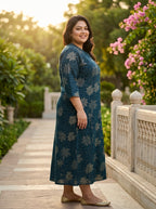 Plus Size Dark Blue Rayon Golden Print Aline Kurta-410087