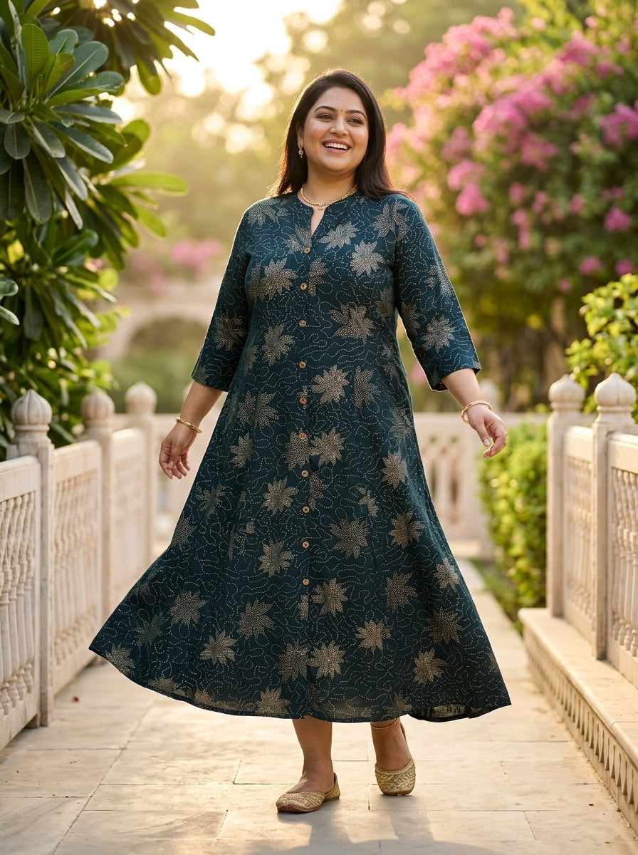 Plus Size Dark Blue Rayon Golden Print Aline Kurta-410087