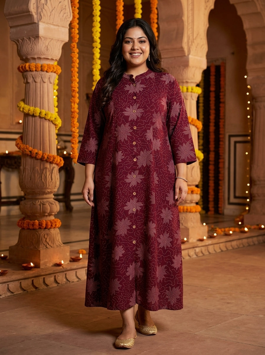 Purple Rayon Golden Print Aline Kurta Plus Size-410088