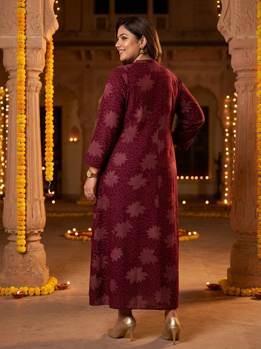 Purple Rayon Golden Print Aline Kurta Plus Size-410088