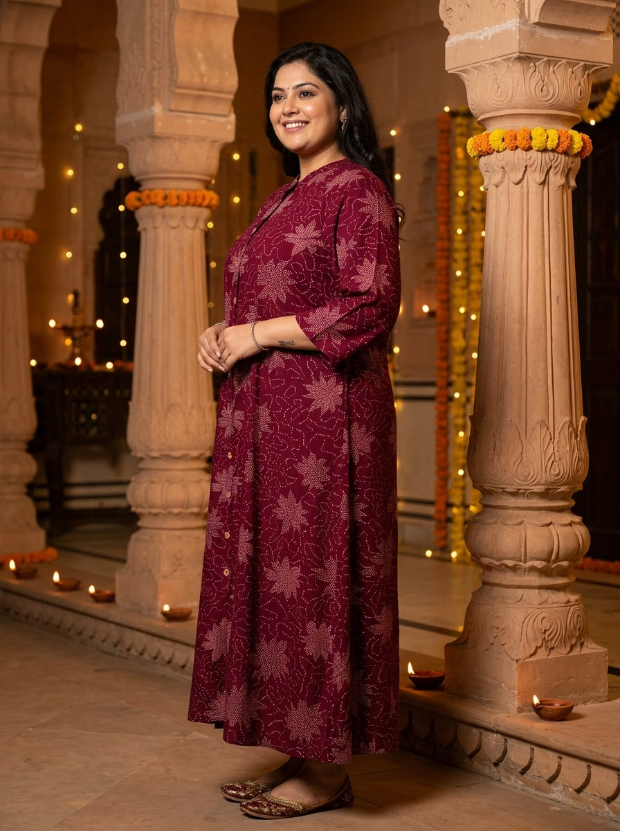 Purple Rayon Golden Print Aline Kurta Plus Size-410088