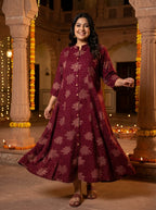Purple Rayon Golden Print Aline Kurta Plus Size-410088