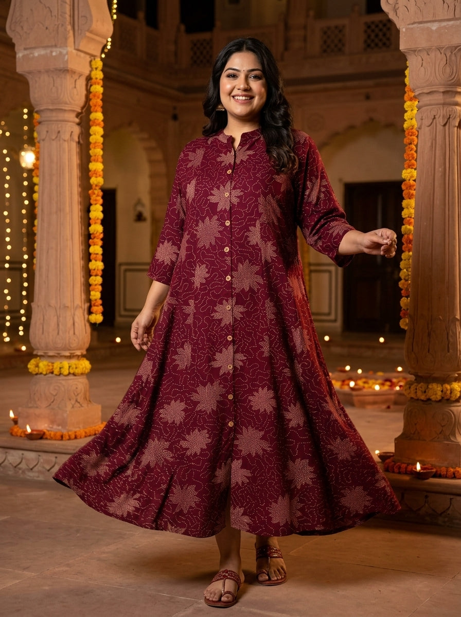 Purple Rayon Golden Print Aline Kurta Plus Size-410088