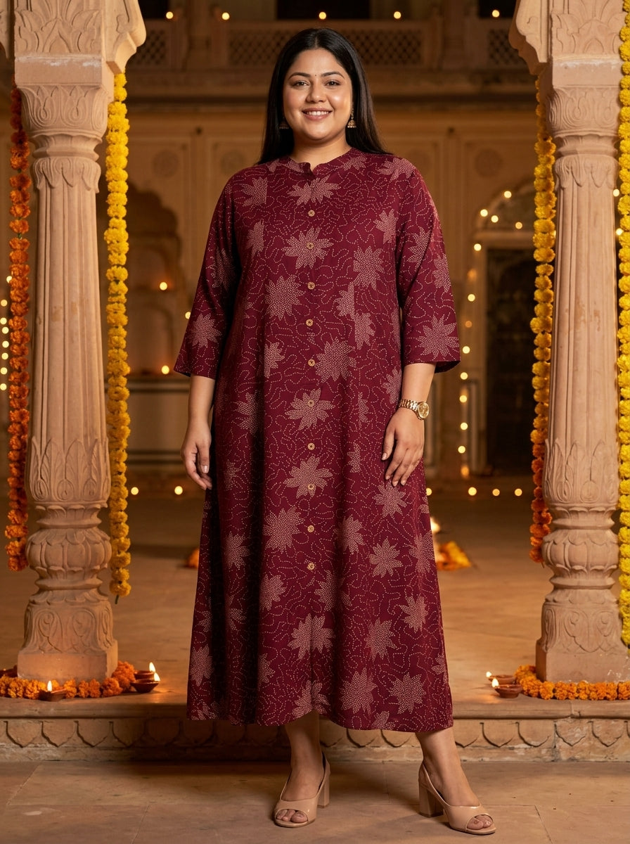 Purple Rayon Golden Print Aline Kurta Plus Size-410088