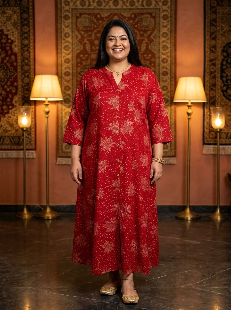 Red Rayon Golden Print Aline Kurta Plus Size-410089