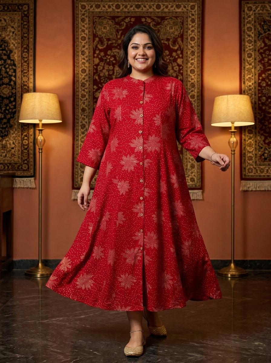 Red Rayon Golden Print Aline Kurta Plus Size-410089