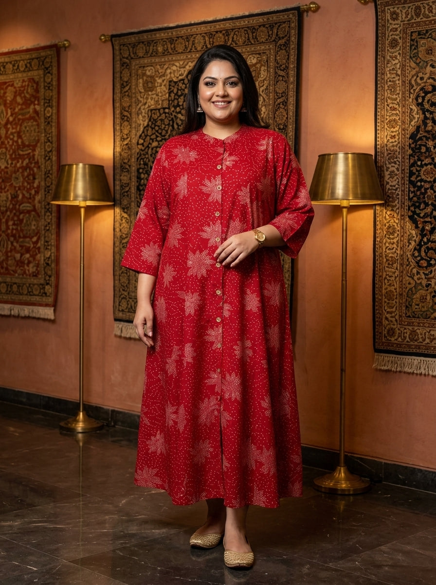 Red Rayon Golden Print Aline Kurta Plus Size-410089