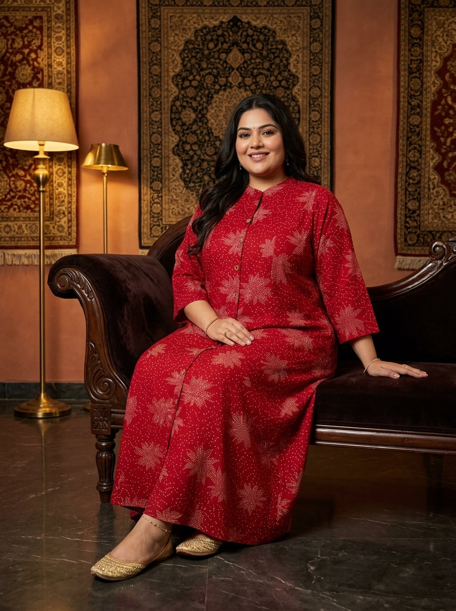 Red Rayon Golden Print Aline Kurta Plus Size-410089