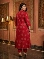 Red Rayon Golden Print Aline Kurta Plus Size-410089