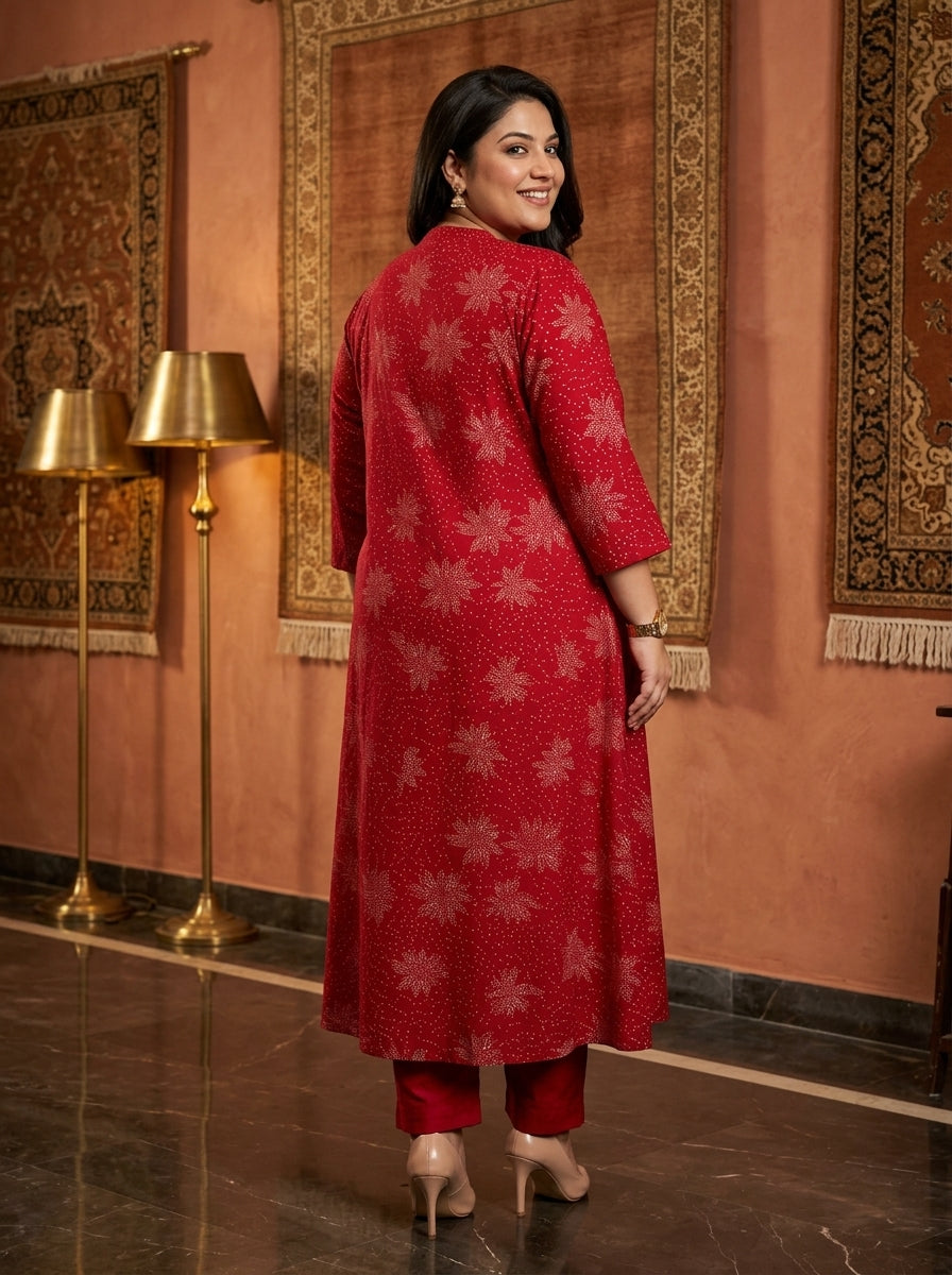 Red Rayon Golden Print Aline Kurta Plus Size-410089