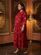 Red Rayon Golden Print Aline Kurta Plus Size-410089