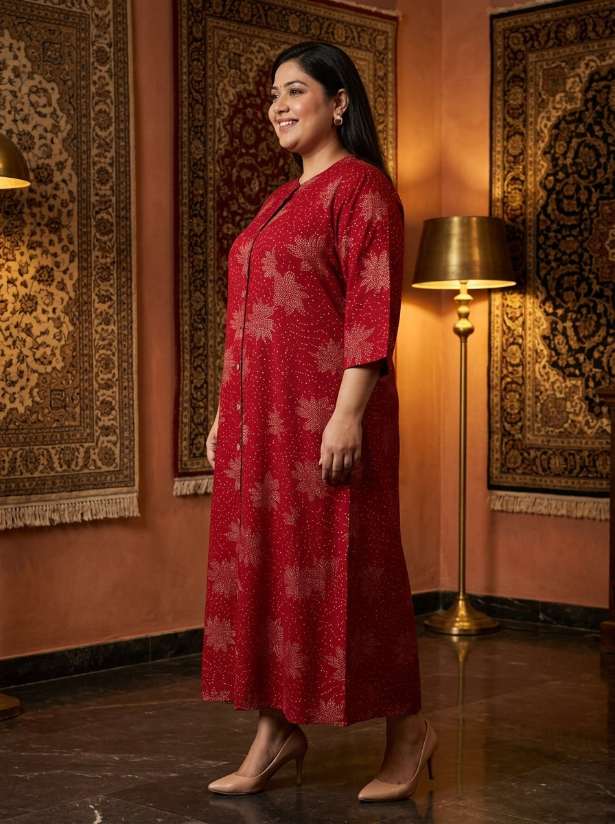 Red Rayon Golden Print Aline Kurta Plus Size-410089