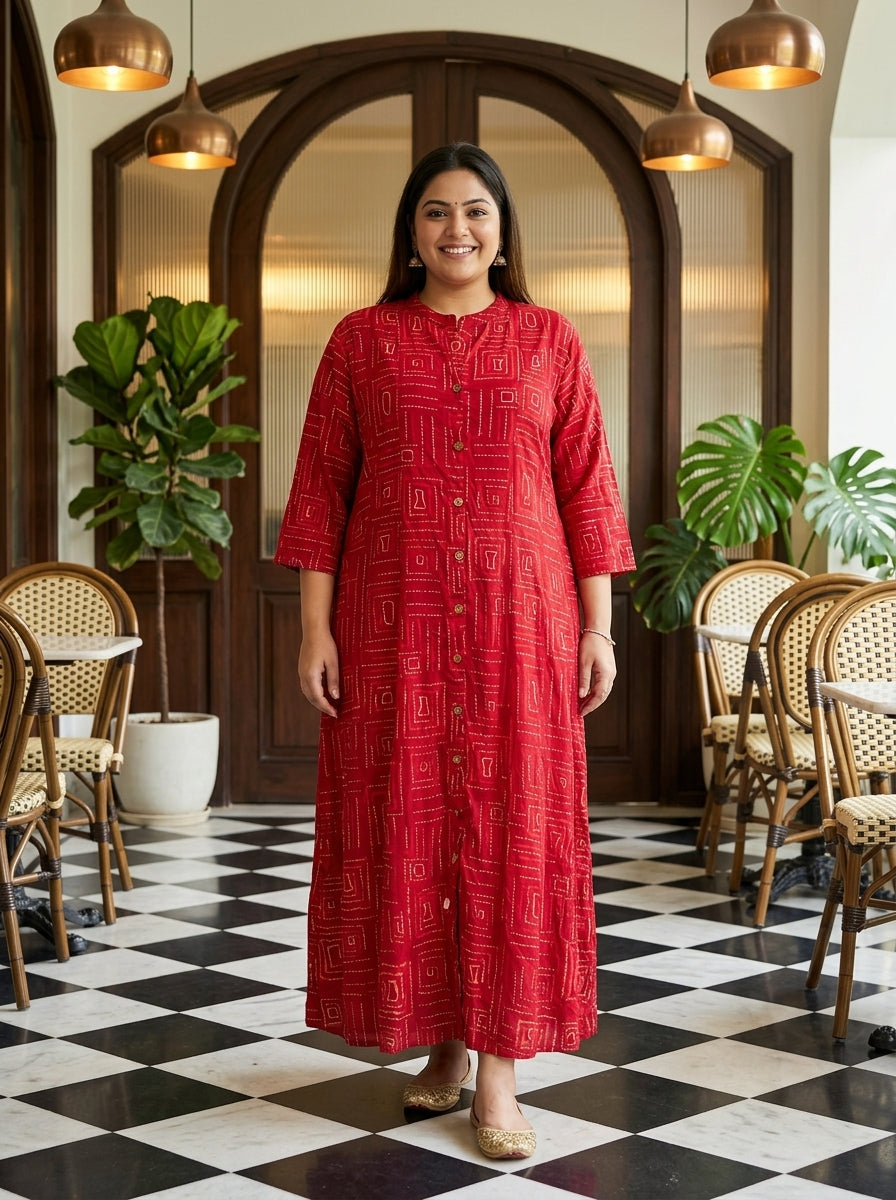 Plus Size Pink Rayon Golden Print Aline Kurta-410090