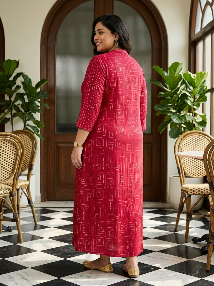 Plus Size Pink Rayon Golden Print Aline Kurta-410090