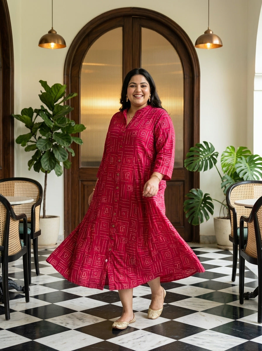 Plus Size Pink Rayon Golden Print Aline Kurta-410090