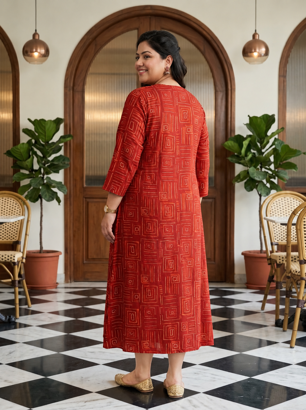 Plus Size Rust Rayon Golden Print Aline Kurta-410091