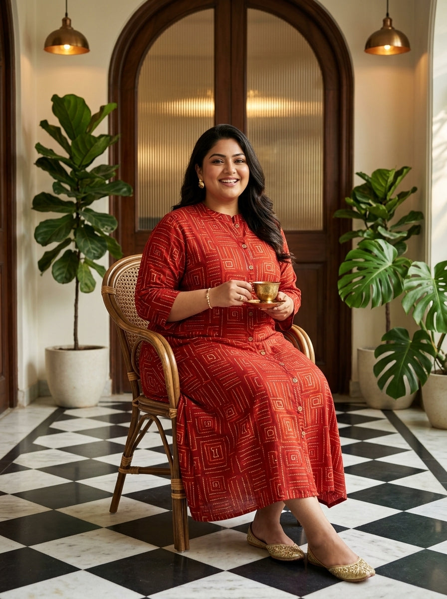 Plus Size Rust Rayon Golden Print Aline Kurta-410091